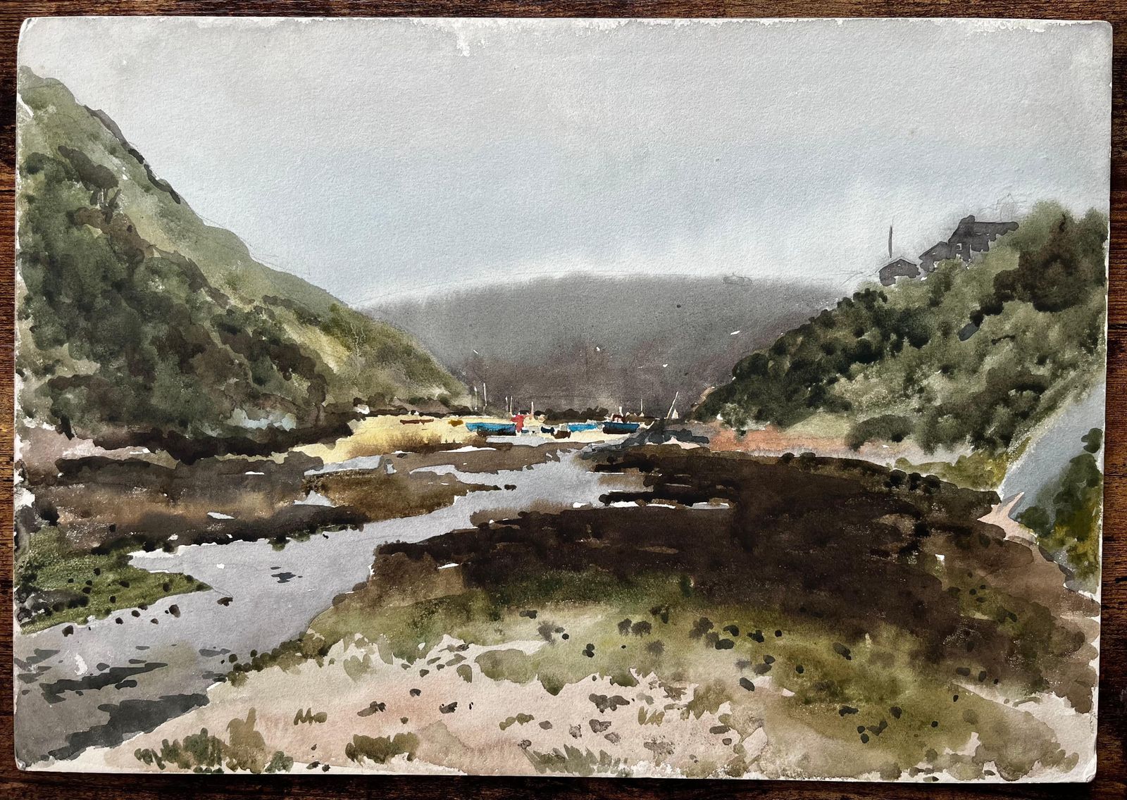 Anthony Herbertsolva Harbour View With Boats And Hills Wales 1969 Original Watercolour1969 photo furniture