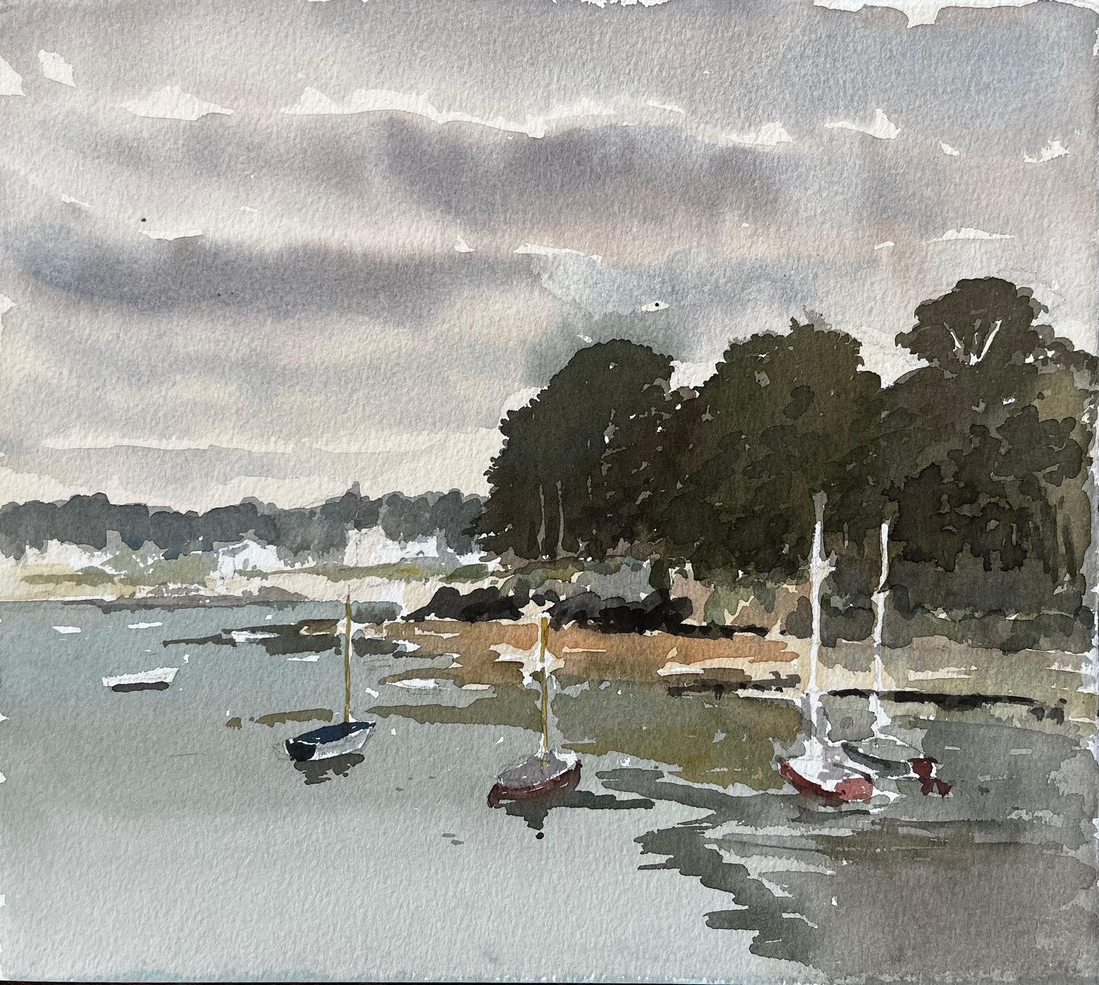Anthony Herbertsaint Briac Brittany Harbour Scene With Boats And Trees French Coastal Scene1985
