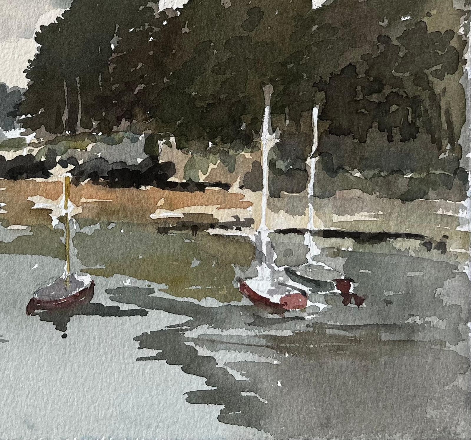 Anthony Herbertsaint Briac Brittany Harbour Scene With Boats And Trees French Coastal Scene1985 photo for sale