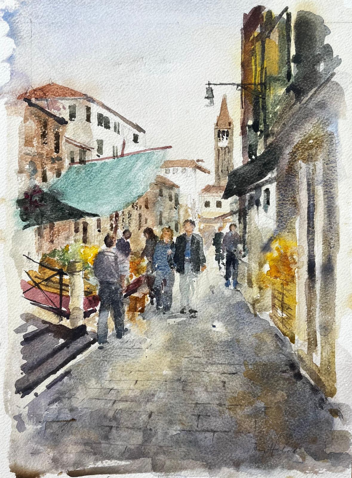 Anthony Herbertvenice Street Scene With Figures Market Stalls Tower Original Watercolour