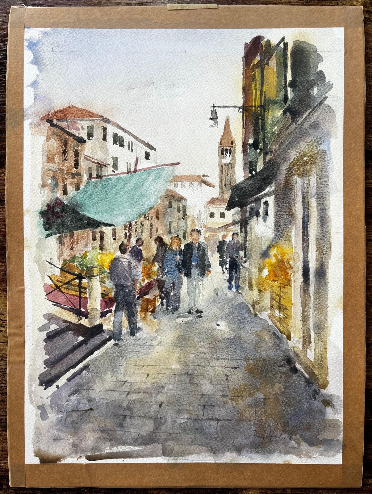 Anthony Herbertvenice Street Scene With Figures Market Stalls Tower Original Watercolour photo furniture