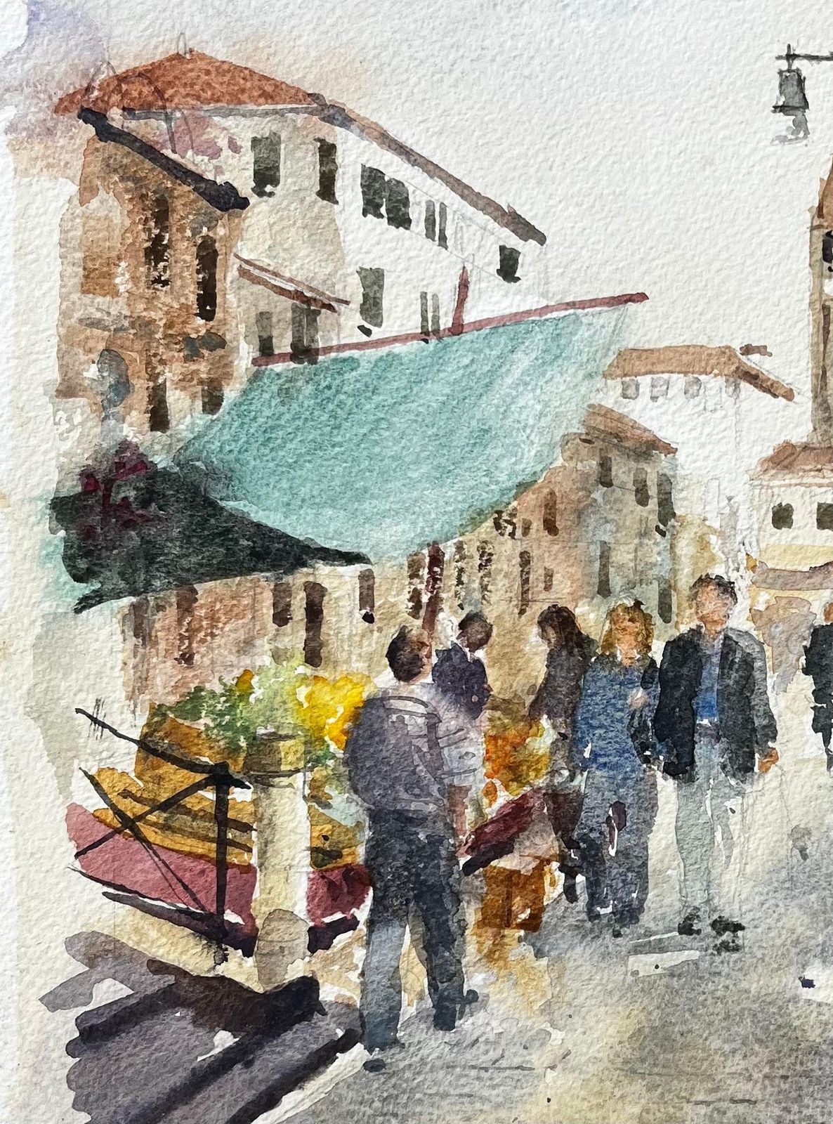 Anthony Herbertvenice Street Scene With Figures Market Stalls Tower Original Watercolour photo 372.0