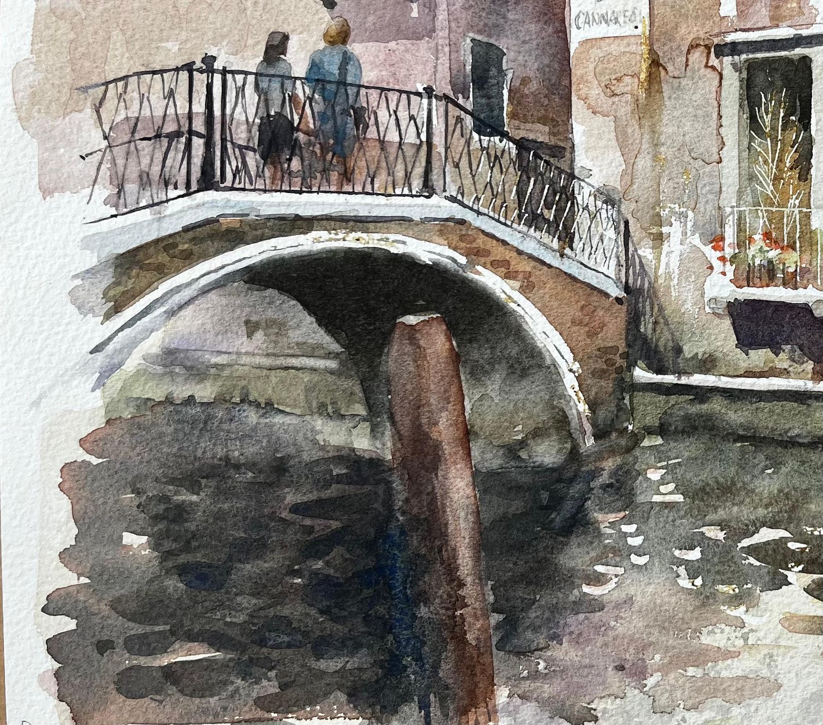 Anthony Herbertvenice Canal Bridge Scene With Flower Boxes And Reflections Original Watercolour photo for sale