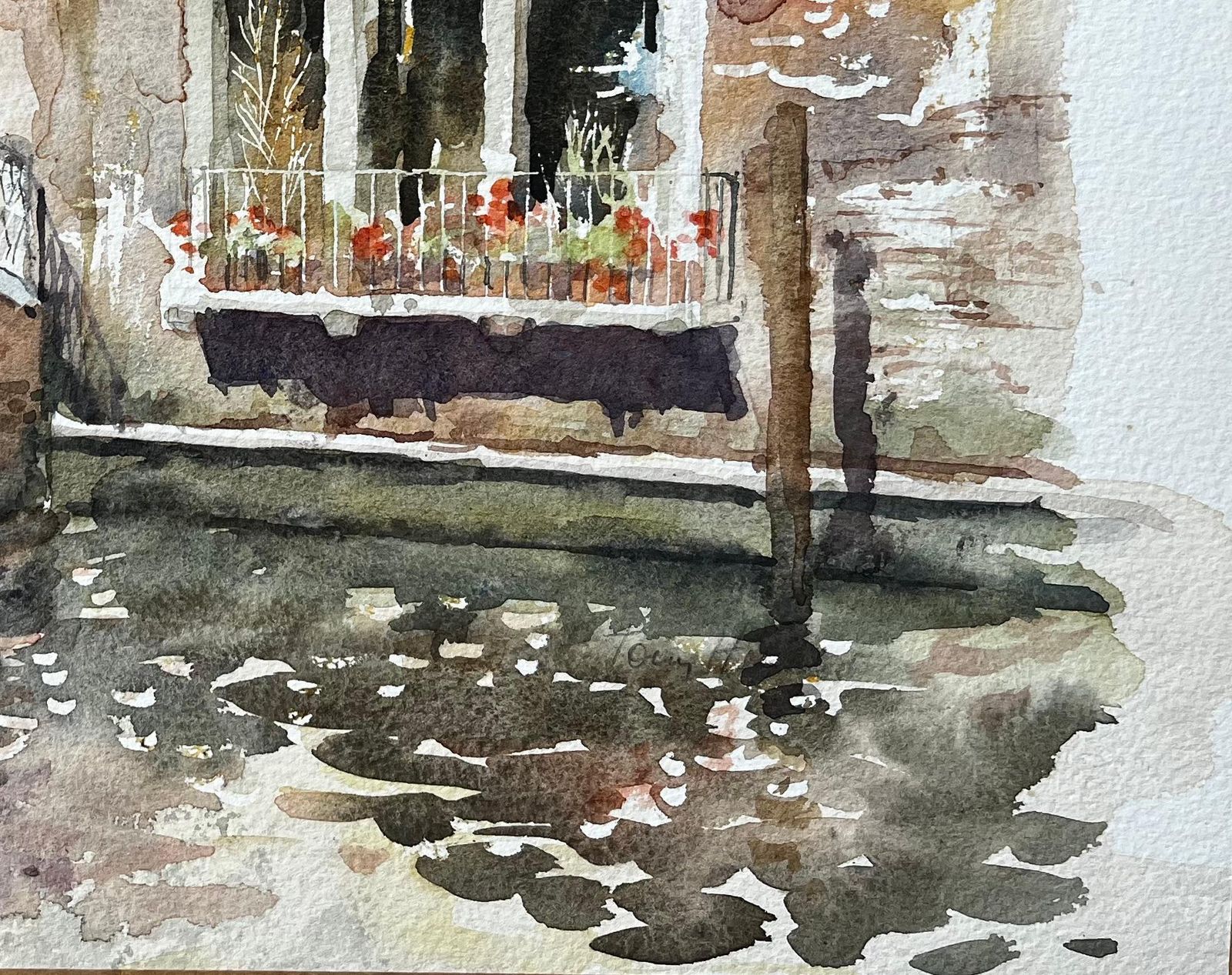 Anthony Herbertvenice Canal Bridge Scene With Flower Boxes And Reflections Original Watercolour photo Art