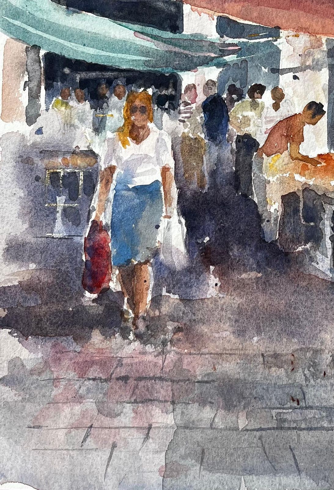 Anthony Herbertvenice Market Scene With Figures And Canopies Original Watercolour Painting photo for sale