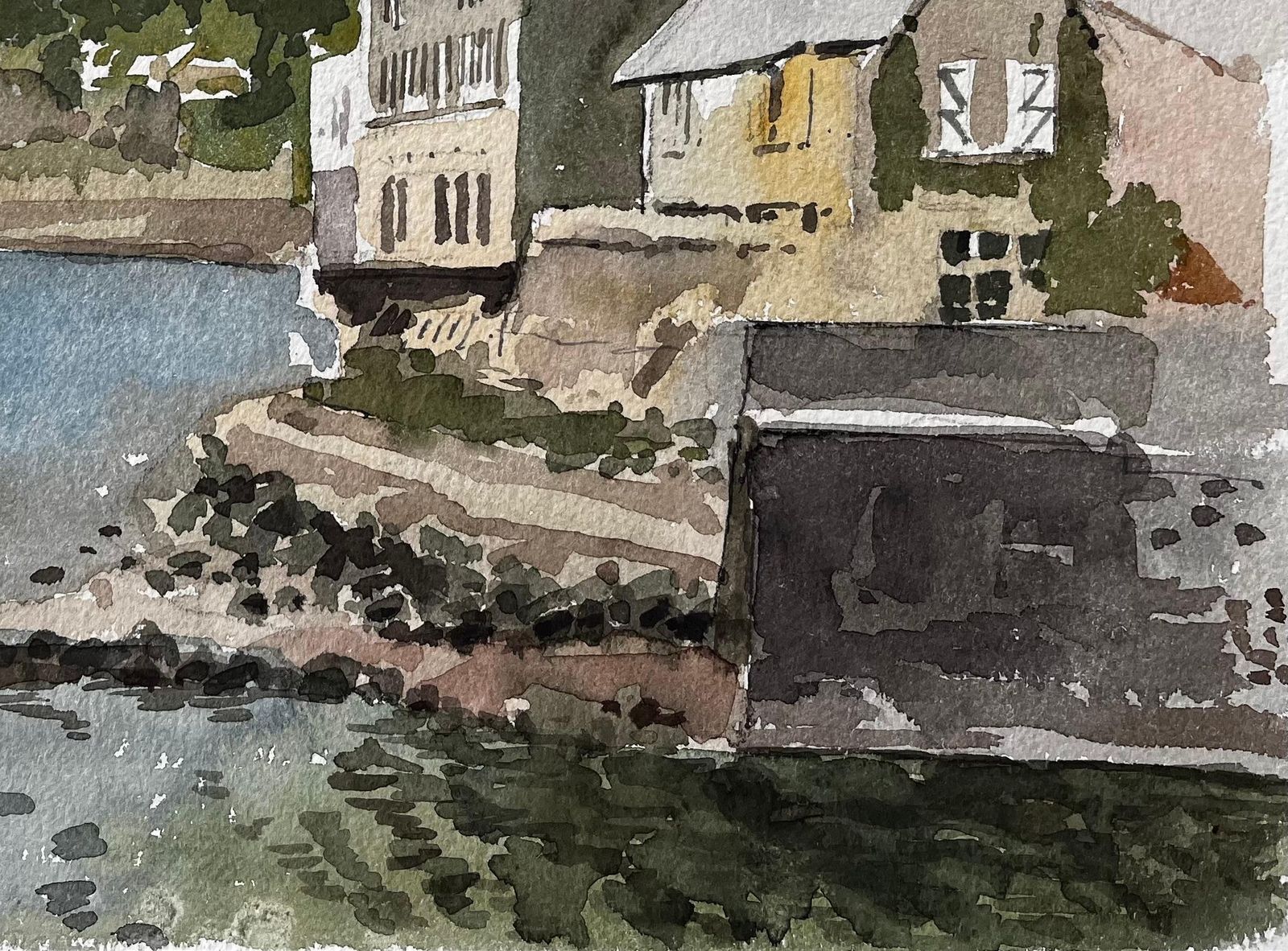 Anthony Herbertcoastal Harbour View With Sailboats And Stone Buildings Cornwall 19881988 photo for sale