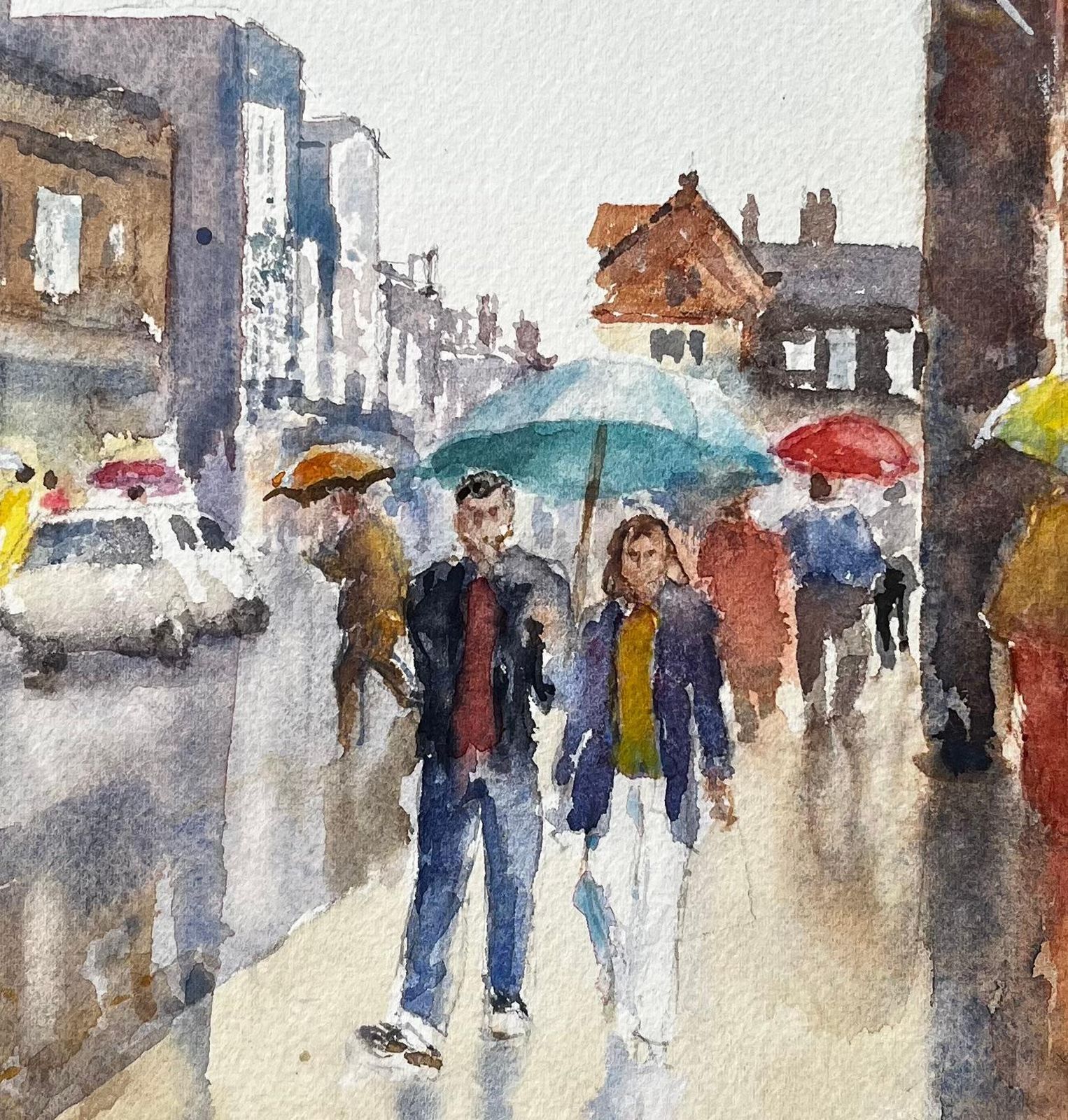 Anthony Herbertrainy Street Scene Watercolour With Umbrellas And Shoppers In Urban High Street photo buy