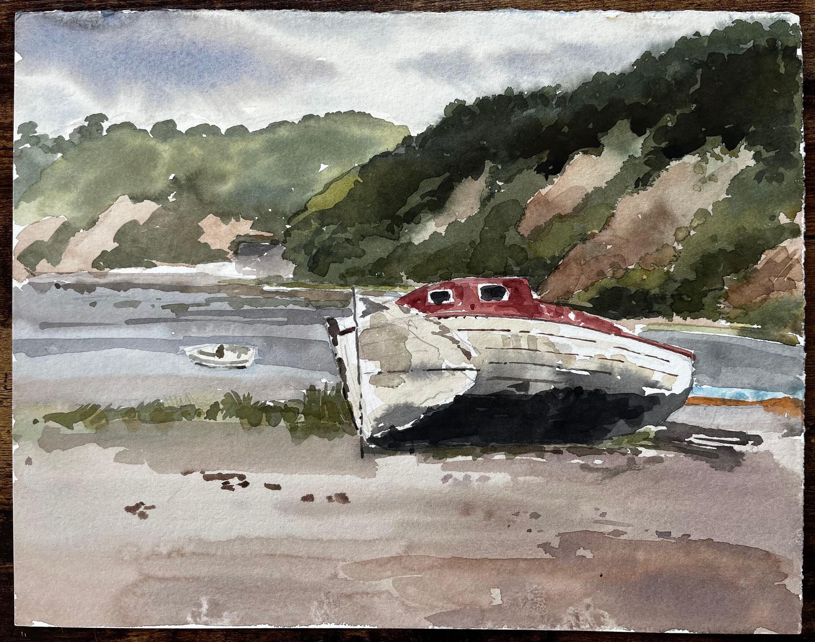 Anthony Herberta La Duc Brittany Beached Boat With Red Cabin And Coastal Hillside France 19851985 photo furniture