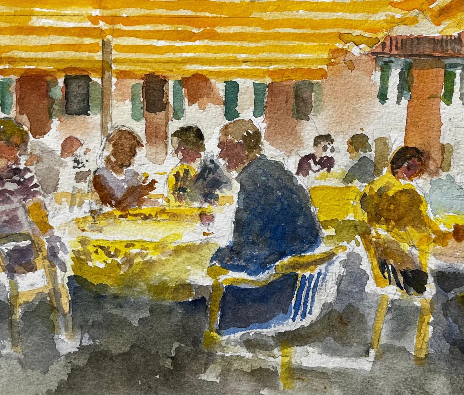 Anthony Herbertcontinental Café Scene With Yellow Striped Awnings And Figures In Conversation photo buy