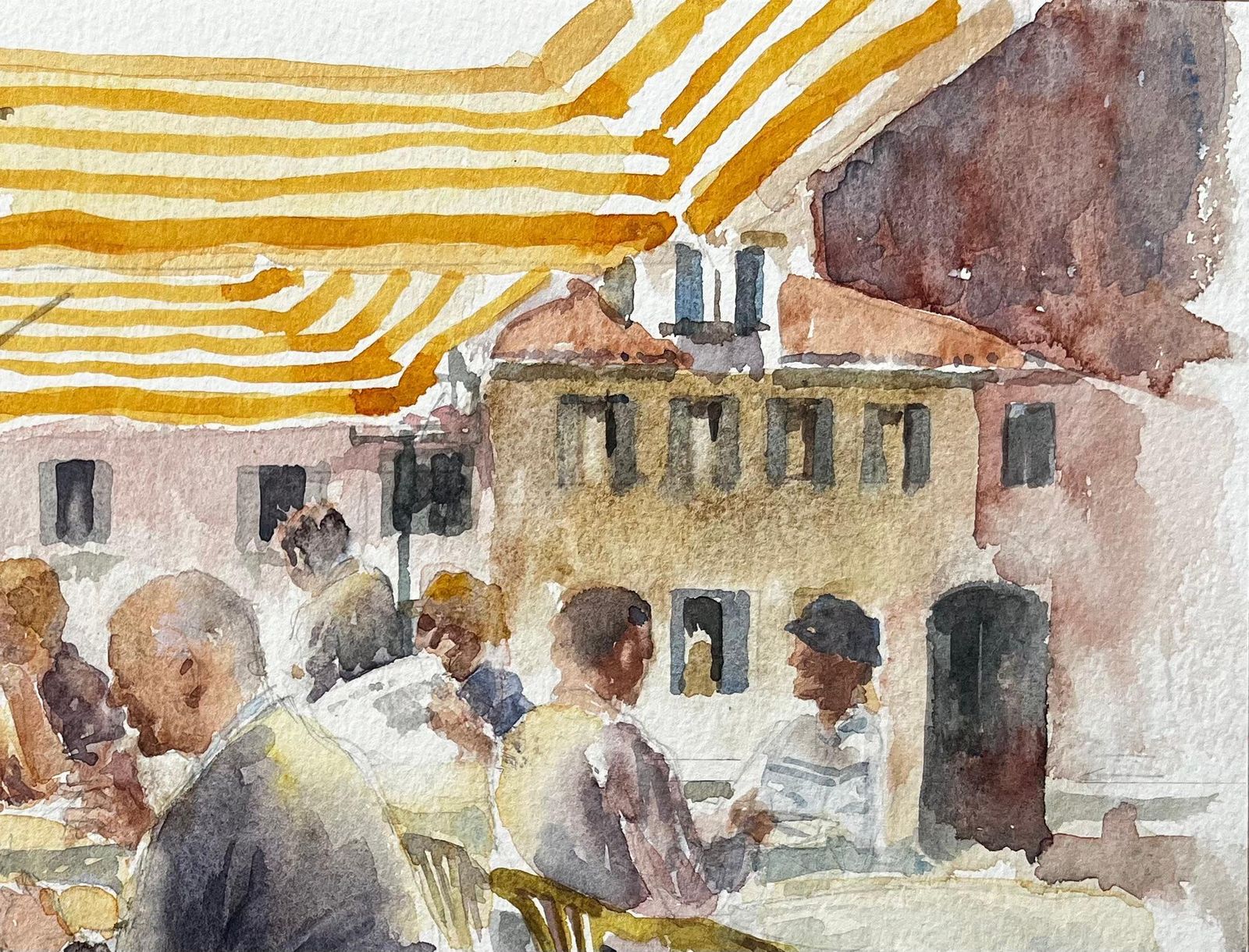 Anthony Herbertcafe Scene In Italian Piazza With Yellow Striped Awning And Diners1995 photo Art