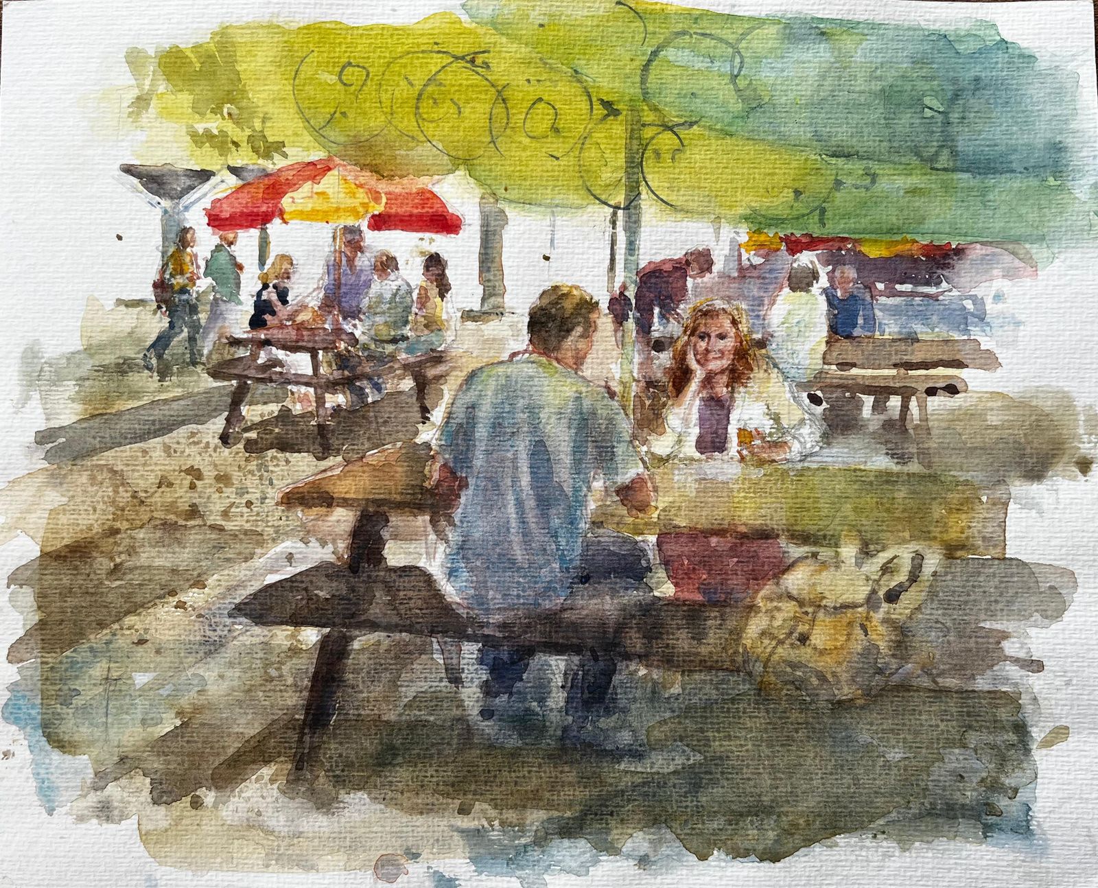 Anthony Herbertoutdoor Cafe Scene With Market Umbrellas And Wooden Picnic Benches