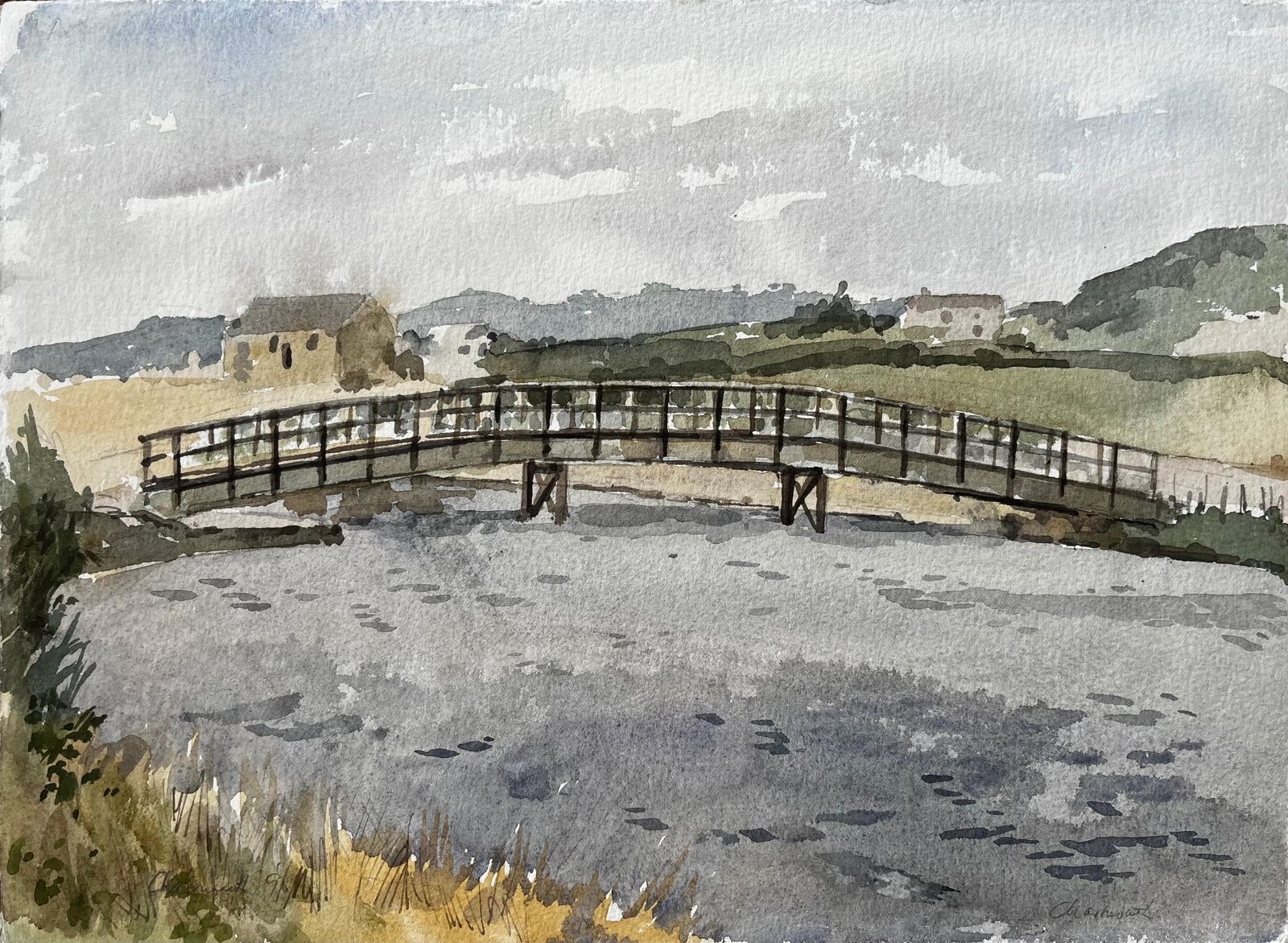 Anthony Herbertcharmouth Dorset River Scene With Wooden Footbridge And Rolling Hills Landscape1996