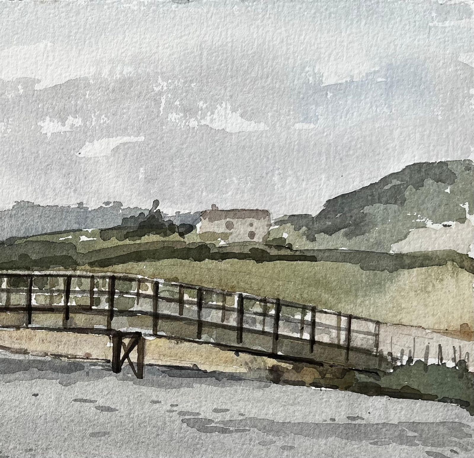 Anthony Herbertcharmouth Dorset River Scene With Wooden Footbridge And Rolling Hills Landscape1996 photo for sale
