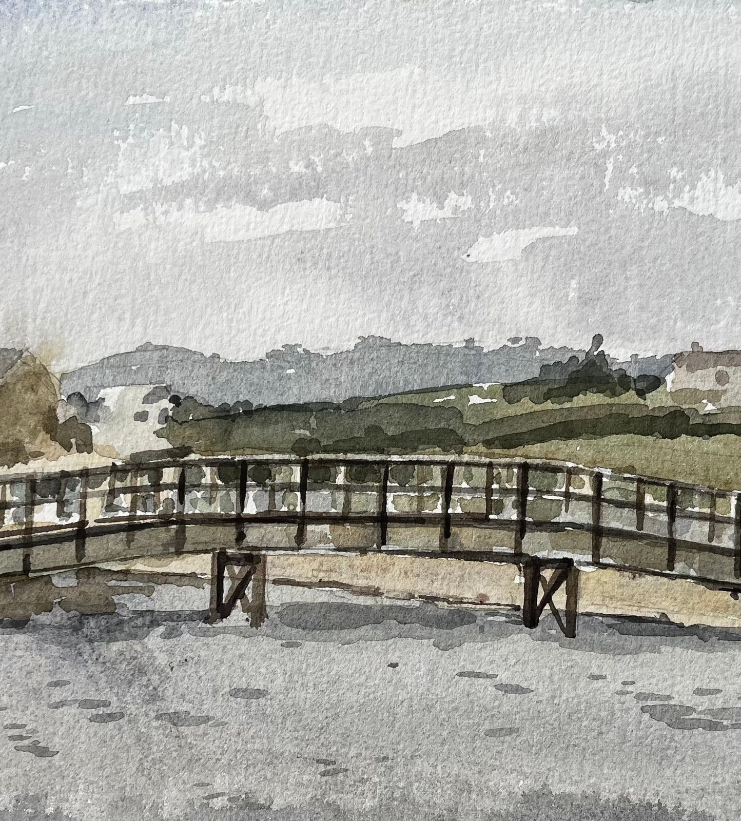 Anthony Herbertcharmouth Dorset River Scene With Wooden Footbridge And Rolling Hills Landscape1996 photo Art