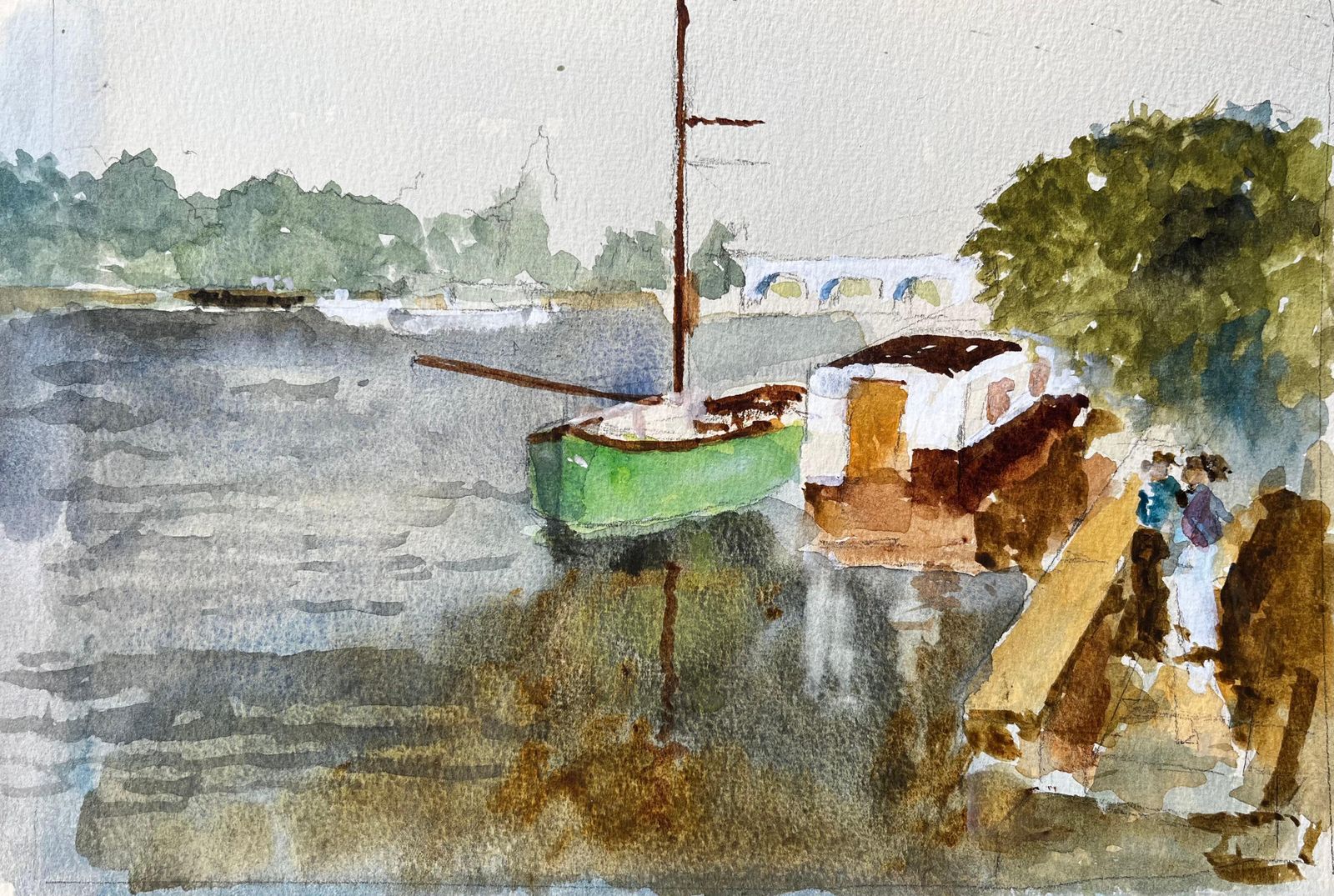 Anthony Herbertgreen Boat And River Thames Scene With Bridge And Houseboat Watercolour1988