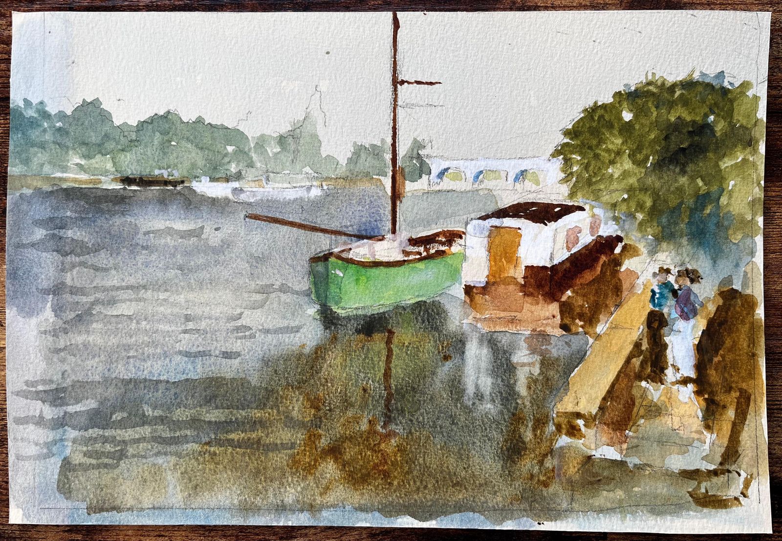 Anthony Herbertgreen Boat And River Thames Scene With Bridge And Houseboat Watercolour1988 photo furniture