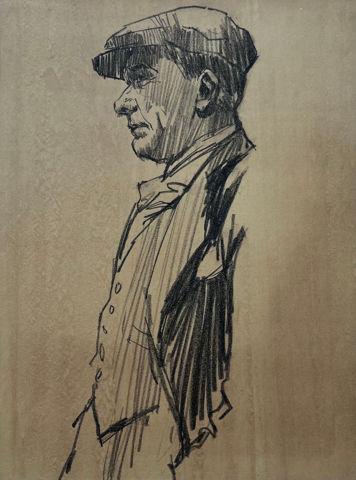 Anthony Herbertprofile Portrait Of A Man In Flat Cap Graphite On Brown Paper