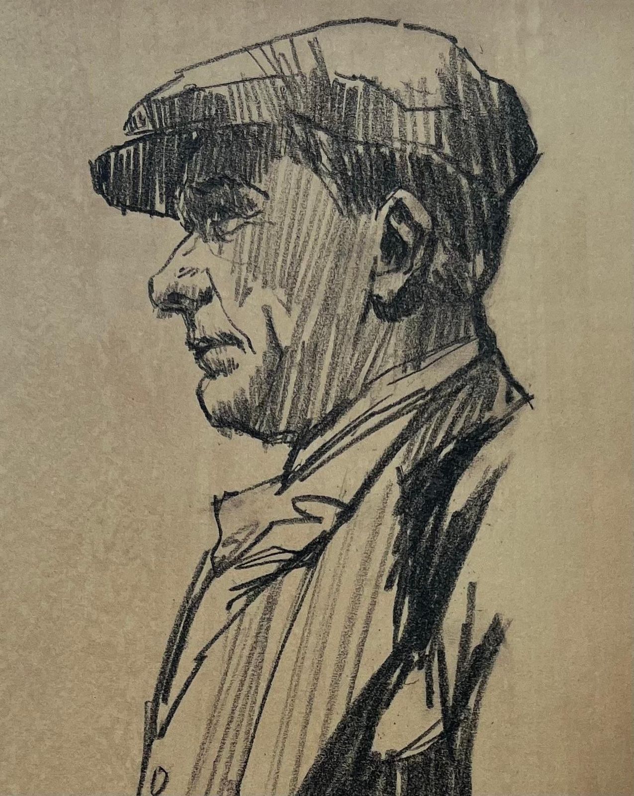 Anthony Herbertprofile Portrait Of A Man In Flat Cap Graphite On Brown Paper photo vinterior