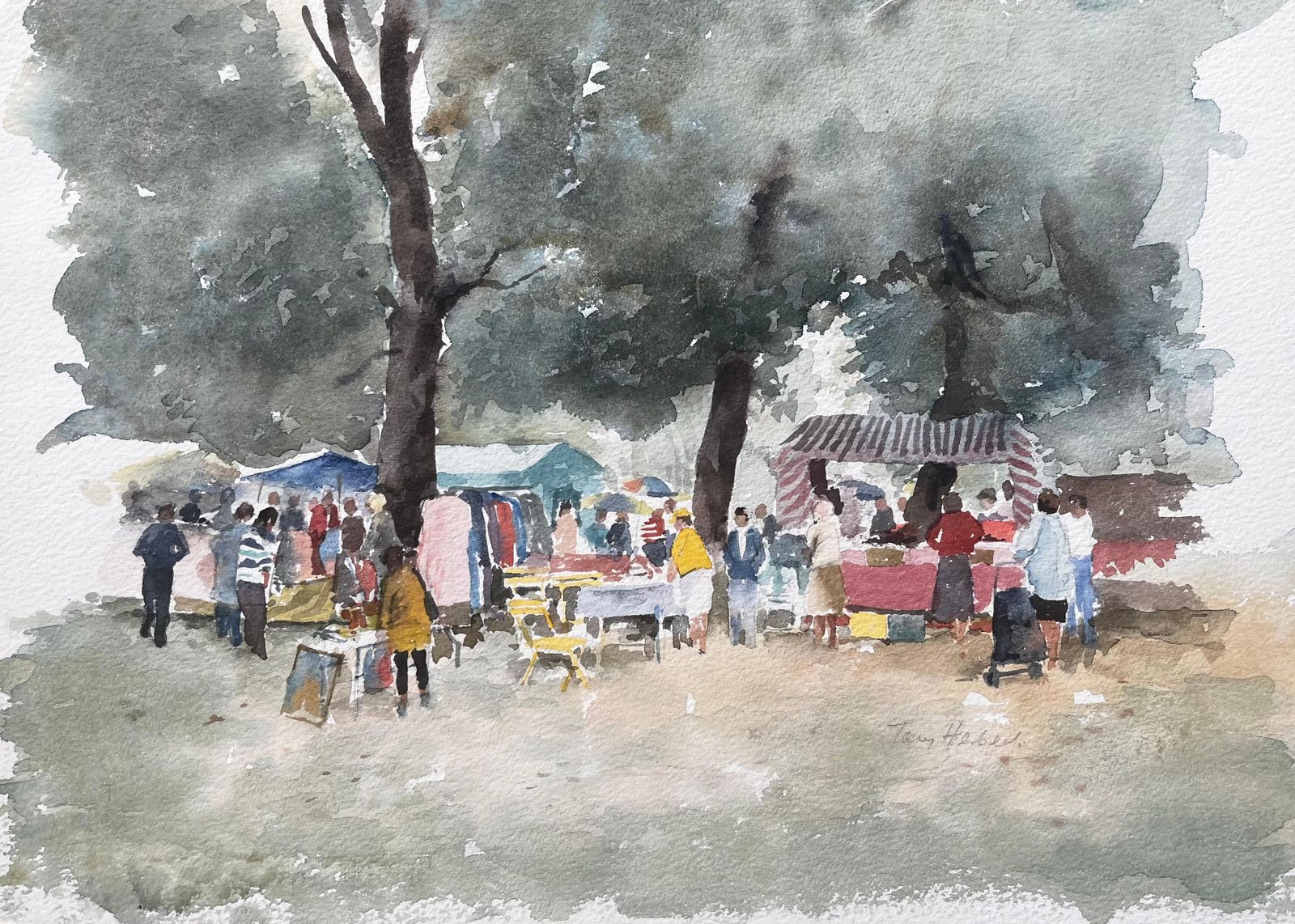 Anthony Herbertborough Farm Fair Scene With Market Stalls And Trees Watercolour Painting