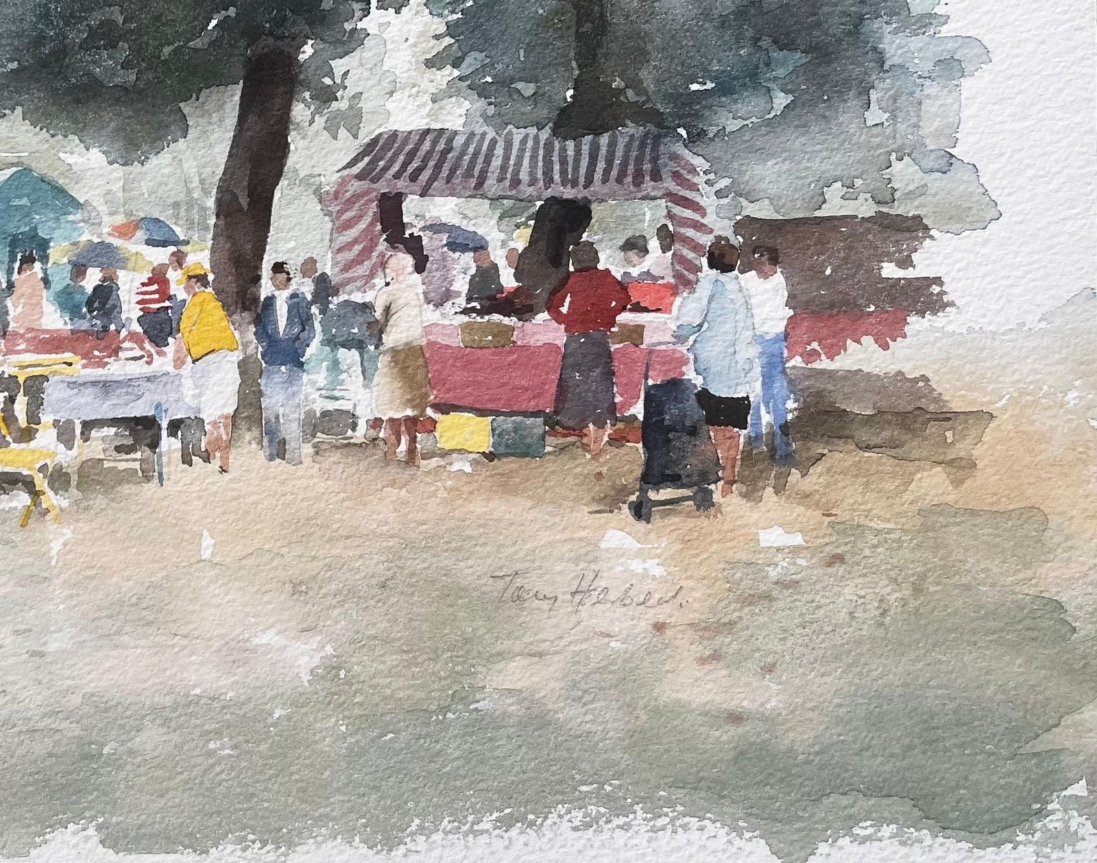 Anthony Herbertborough Farm Fair Scene With Market Stalls And Trees Watercolour Painting photo for sale