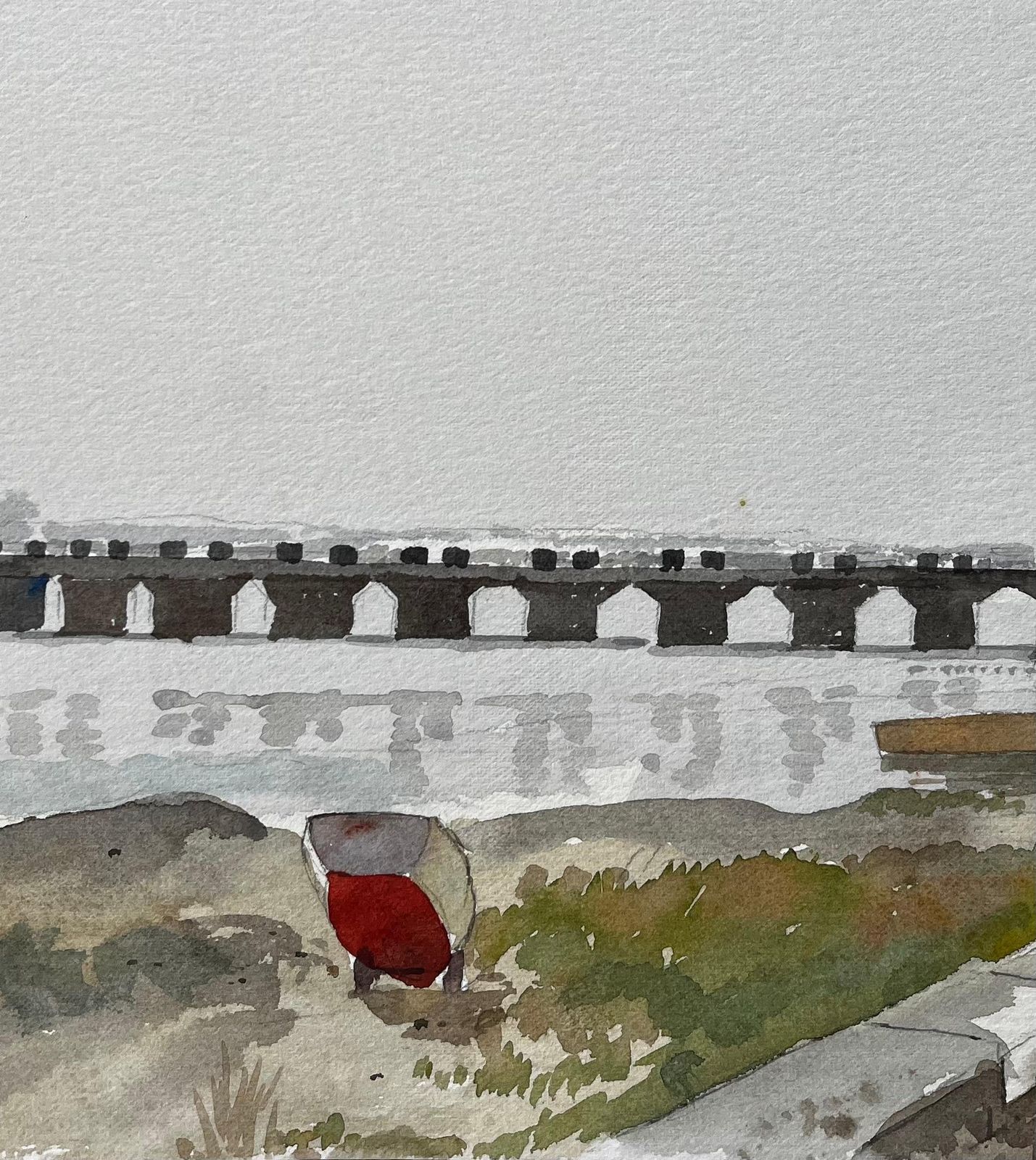 Anthony Herbertpont Bel Brittany Arched Bridge Over Water With Moored Boats And Red Hull 19881988 photo Art