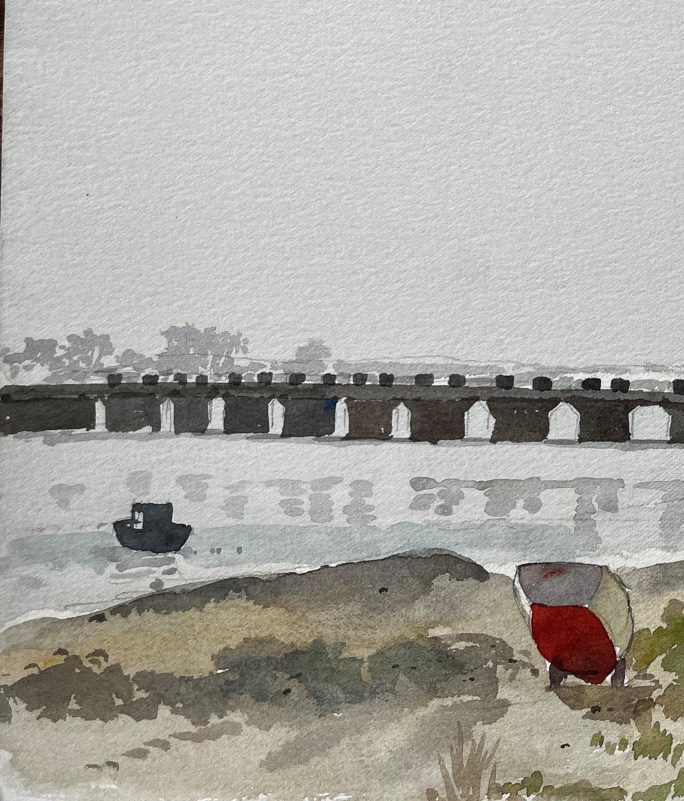 Anthony Herbertpont Bel Brittany Arched Bridge Over Water With Moored Boats And Red Hull 19881988 photo 347.0