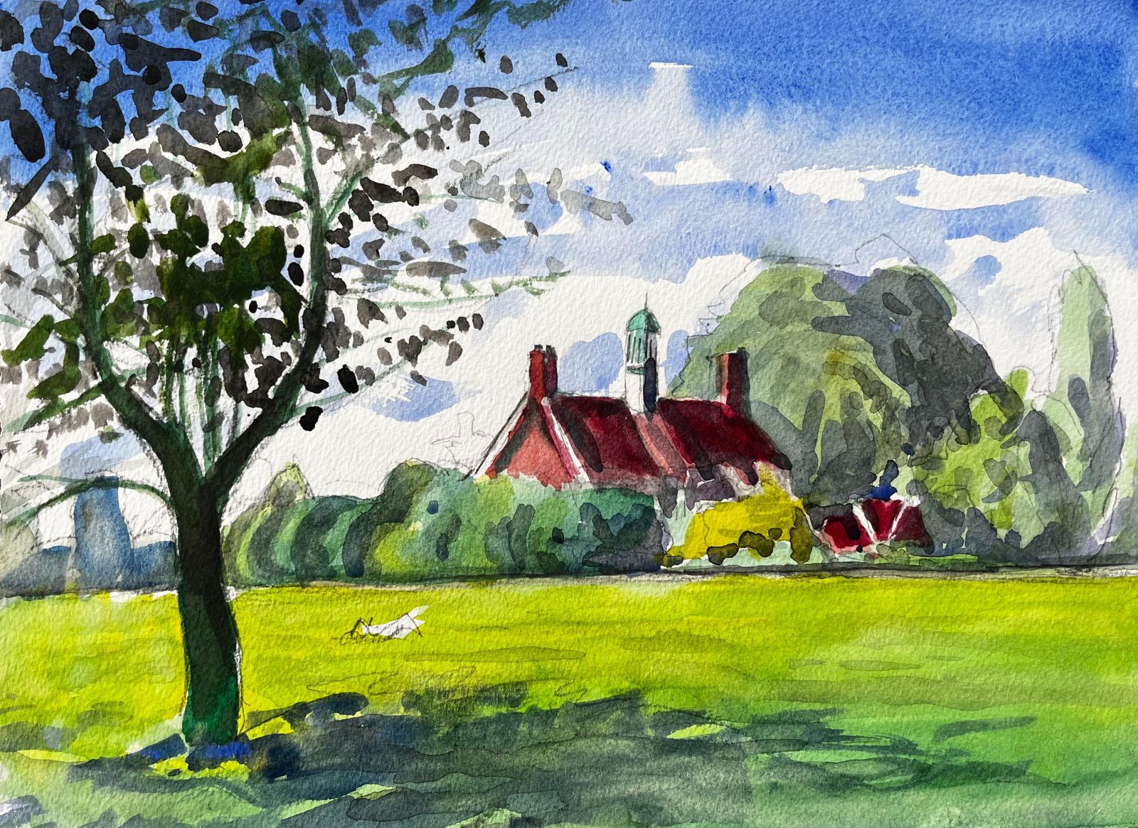 John Steane (B.1931)university Parks Oxford Red Roof Building Summer Trees And Open Field 20152015