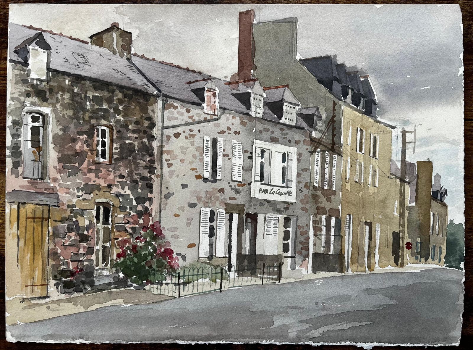 Anthony Herbertfrench Street Scene With Bar La Coquille Normandy Style Townhouse Watercolour1985 photo furniture
