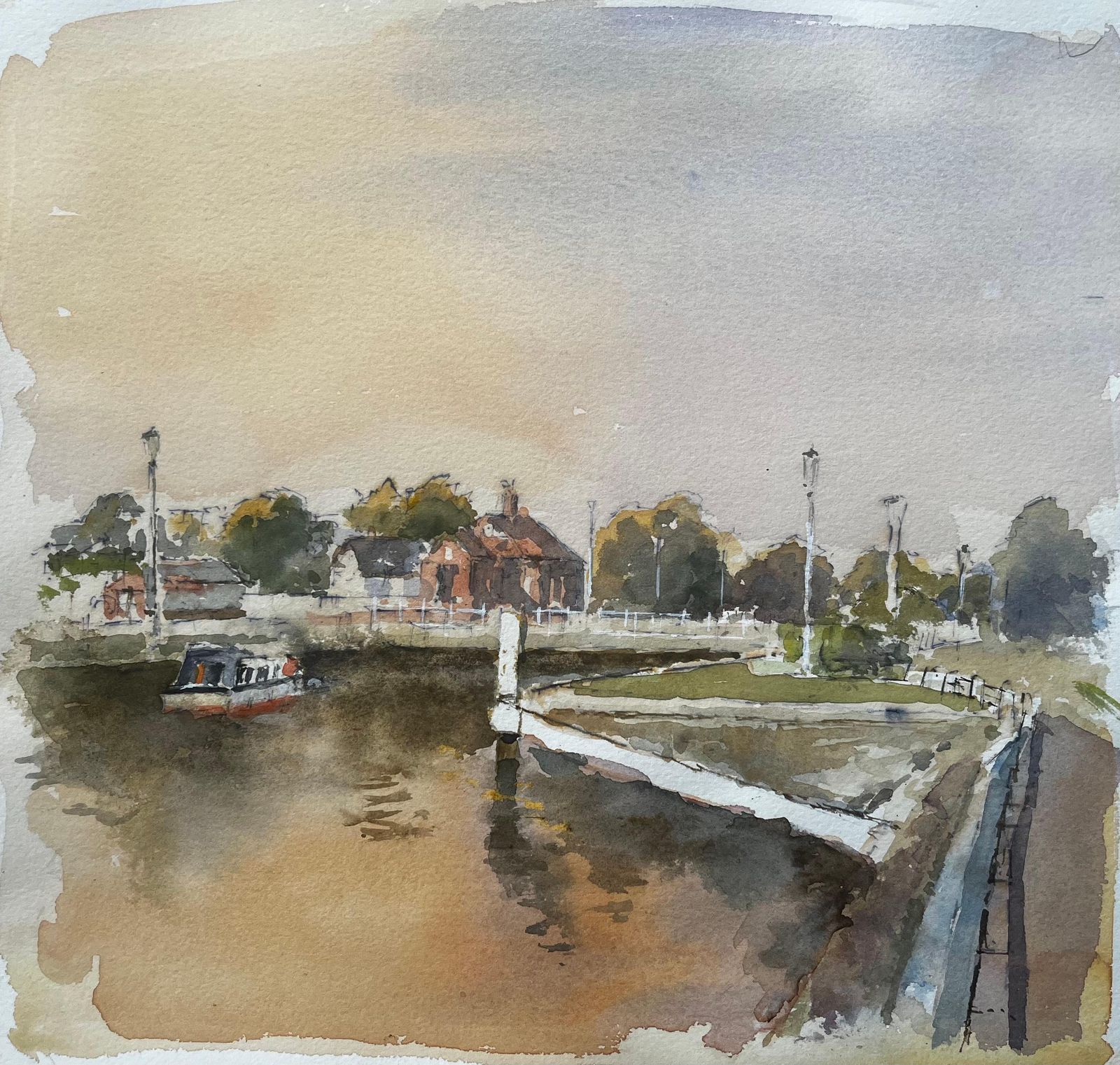 Anthony Herbertcanal Scene With Lock And Boathouse Windsor Watercolour With Autumn Light