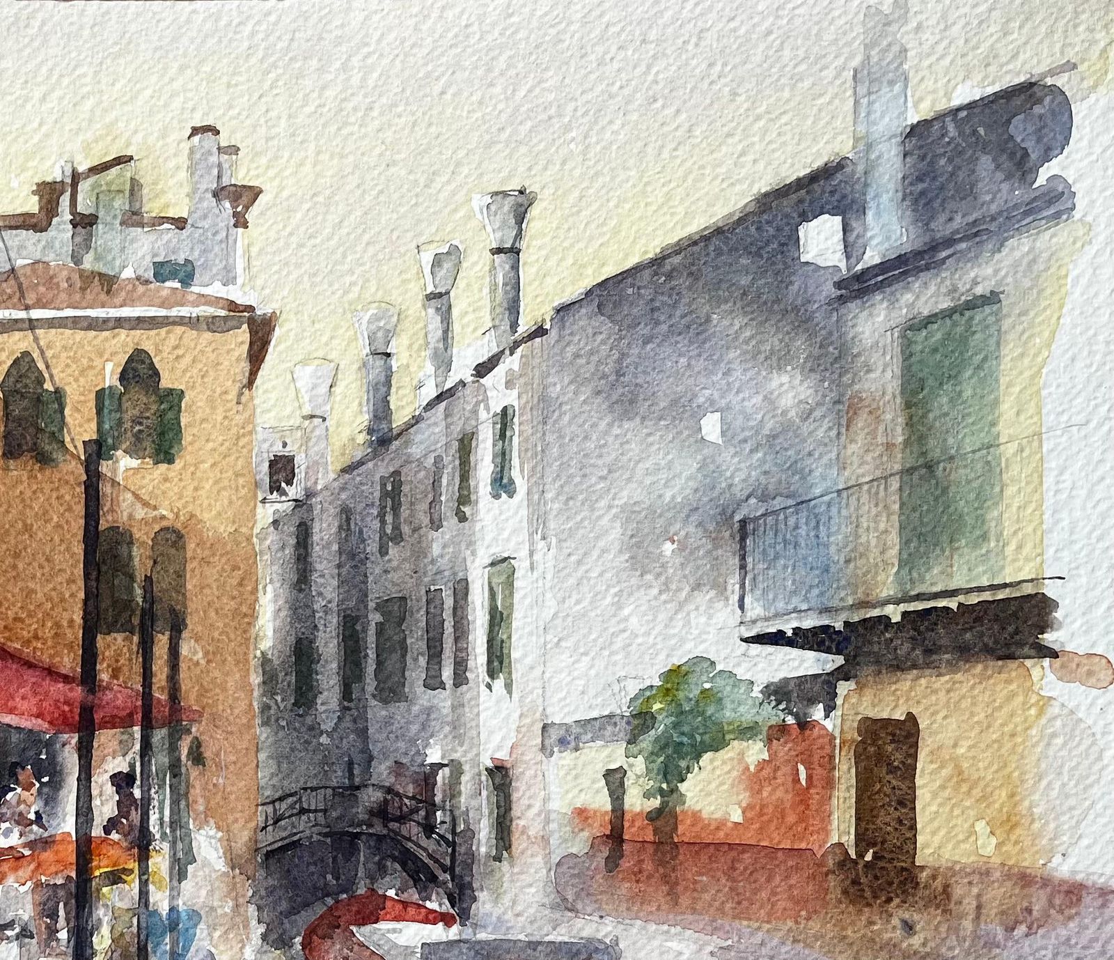 Anthony Herbertvenice Market Scene With Red Boat And Canal Bridge Original Watercolour Painting photo 478.0