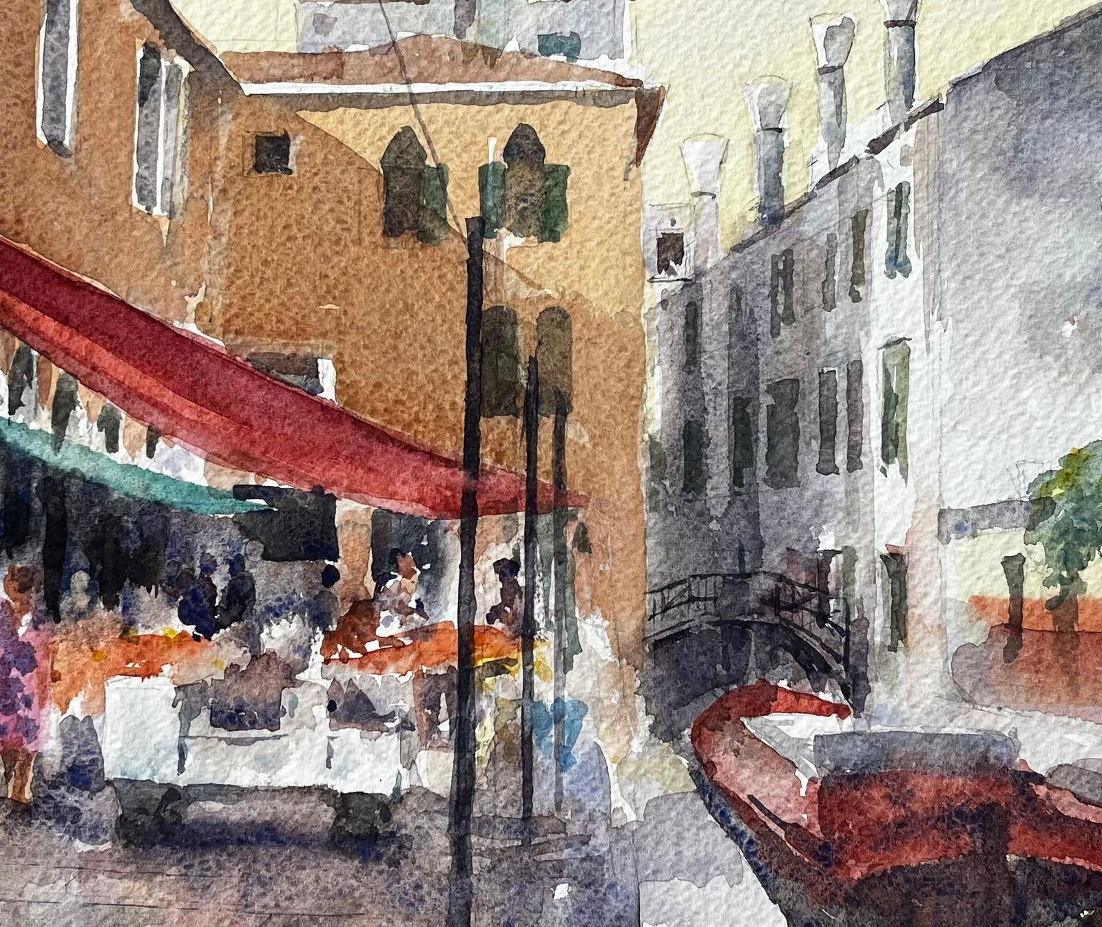 Anthony Herbertvenice Market Scene With Red Boat And Canal Bridge Original Watercolour Painting photo buy