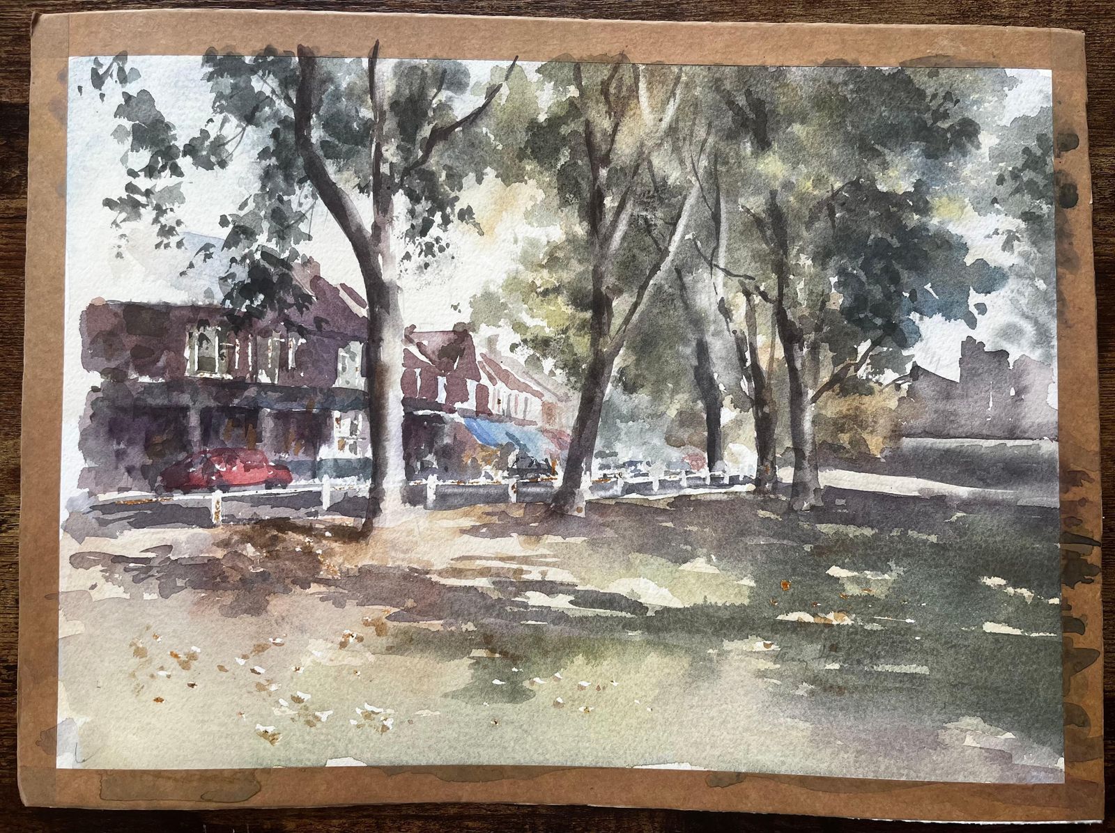 Anthony Herberttree Lined Street With Shops And Red Car West London Suburban Watercolour Scene photo furniture