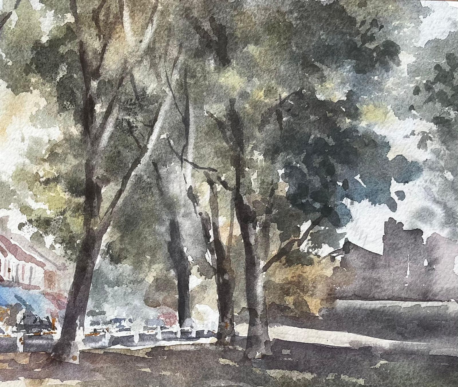 Anthony Herberttree Lined Street With Shops And Red Car West London Suburban Watercolour Scene photo 454.0