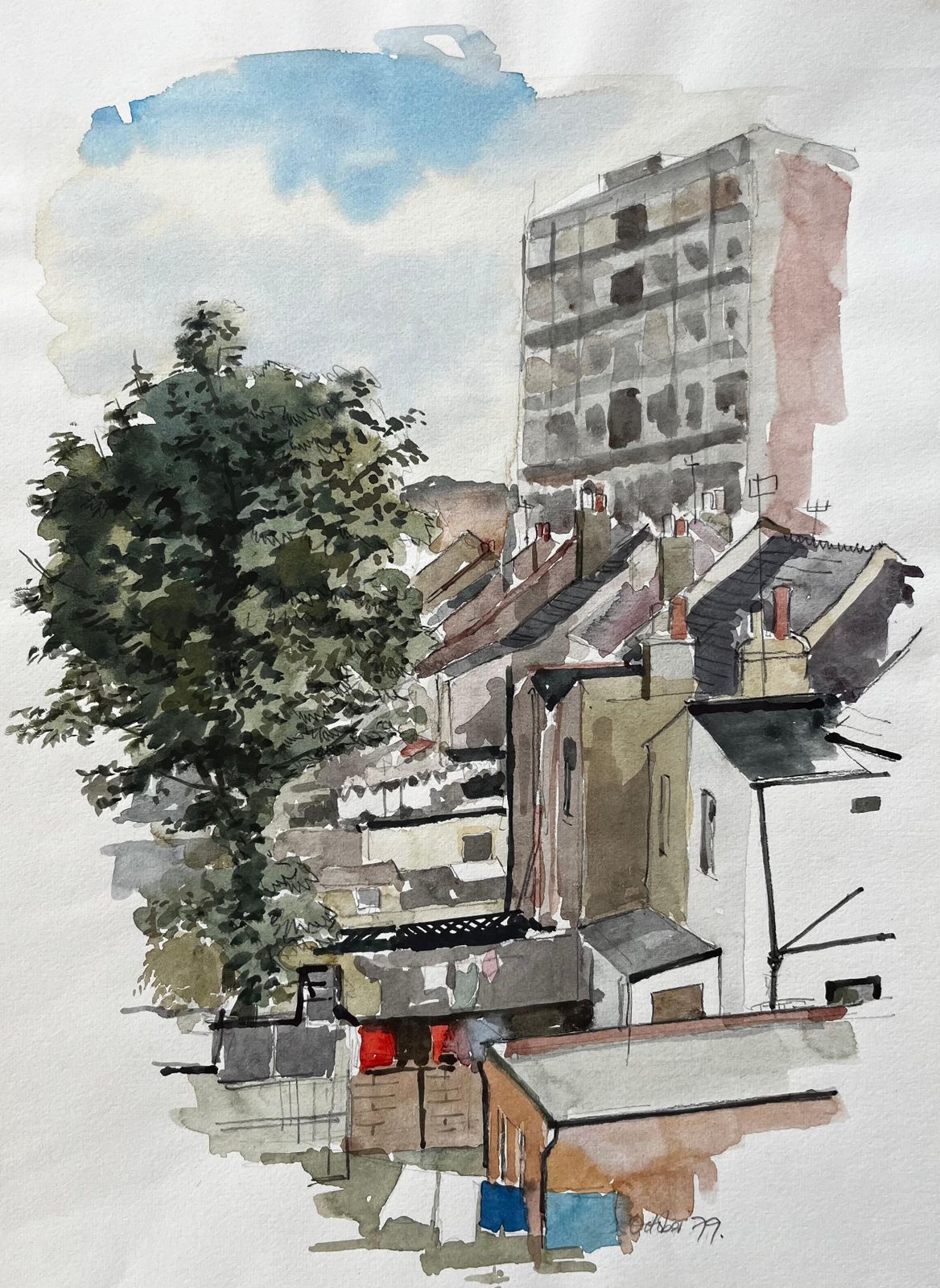 Anthony Herbertview Of Rooftops And Tower Block With Tree London 1979 Watercolour1979