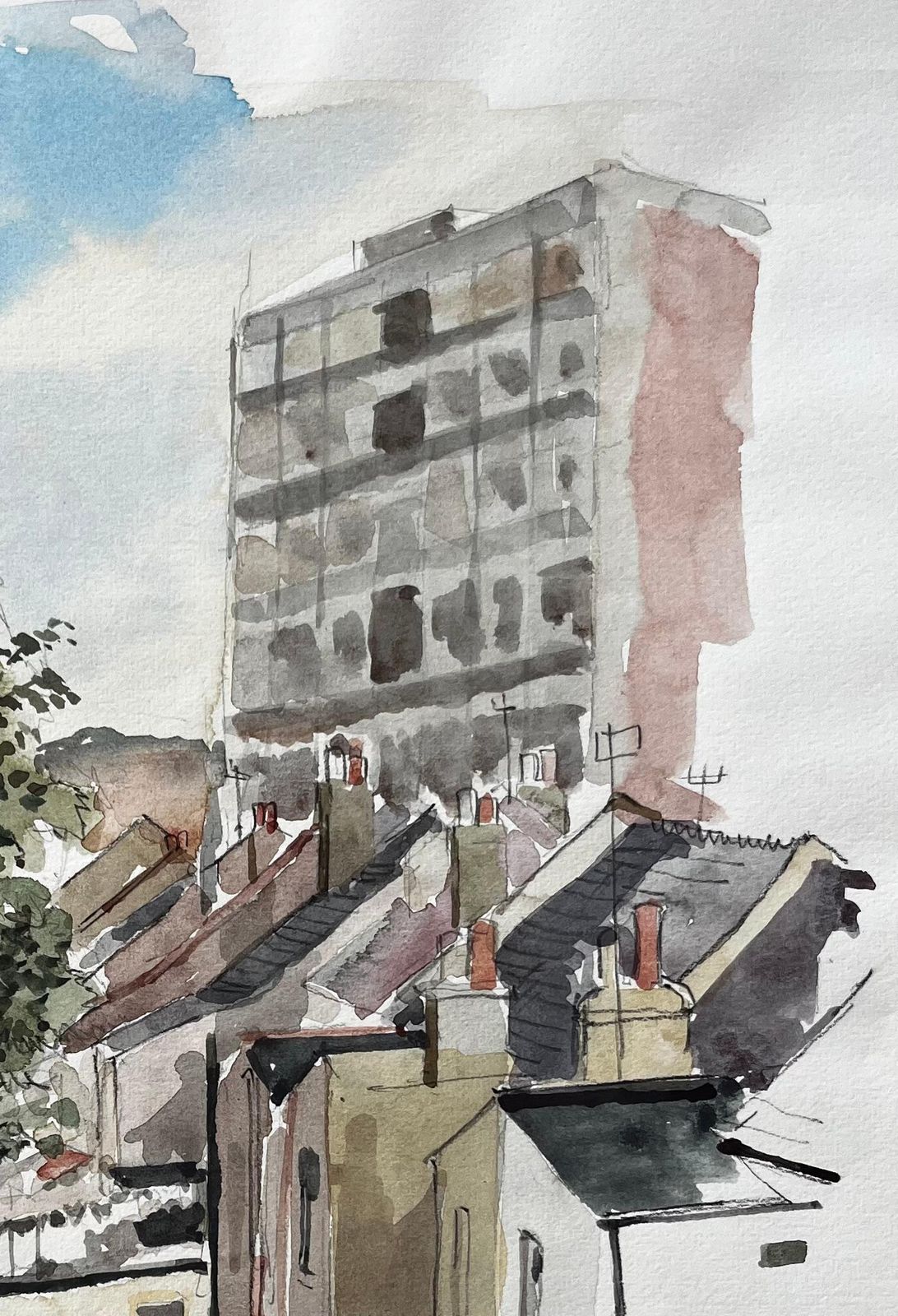 Anthony Herbertview Of Rooftops And Tower Block With Tree London 1979 Watercolour1979 photo vinterior