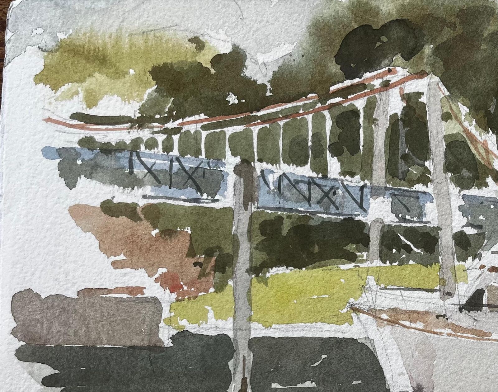 Anthony Herbertteddington Bridge River Thames Scene With Boat Swan And Trees Watercolour photo 402.0