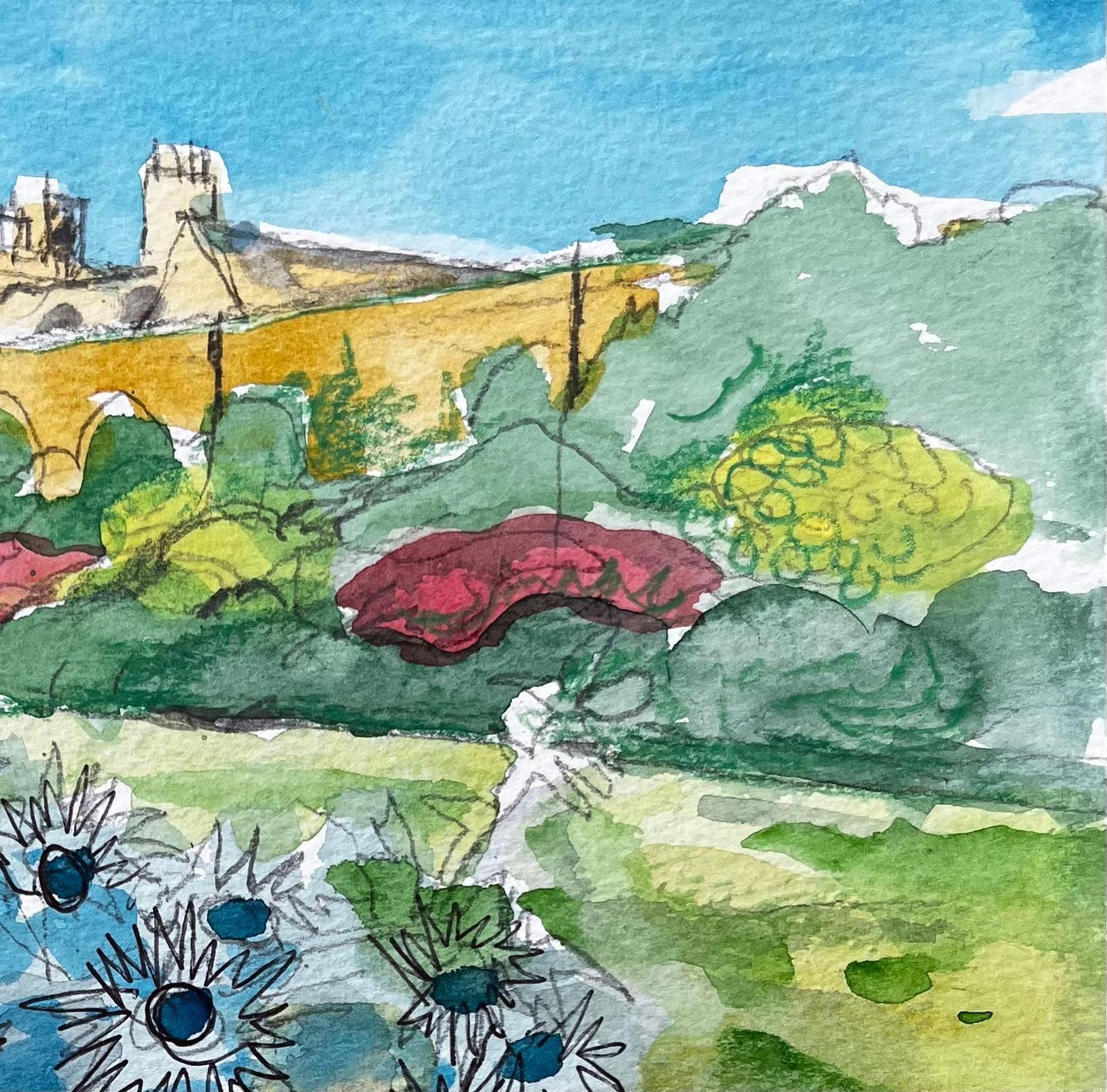 John Steane (B.1931)waterperry Gardens Oxfordshire Watercolour With Blue Thistles And Manor House2019 photo vinterior