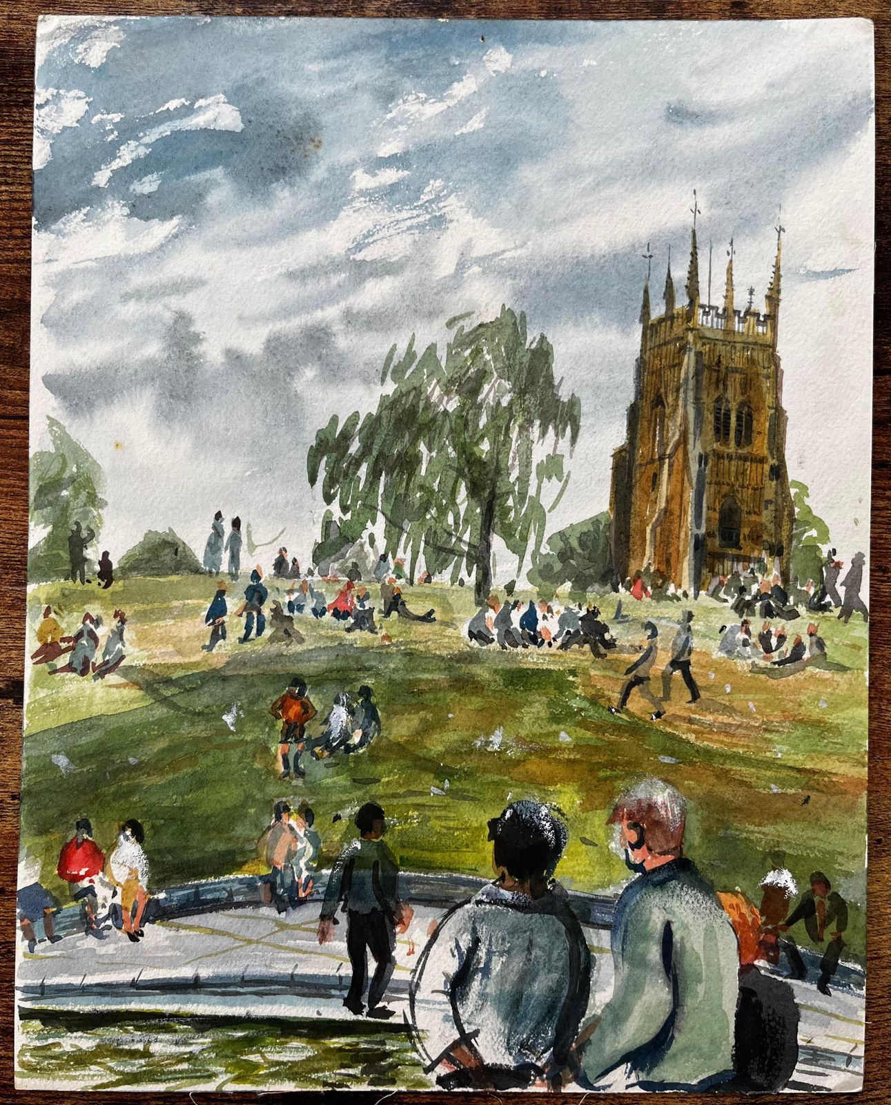 John Steane (B.1931)people Relaxing On The Green In Evesham With Church View British Watercolour photo furniture