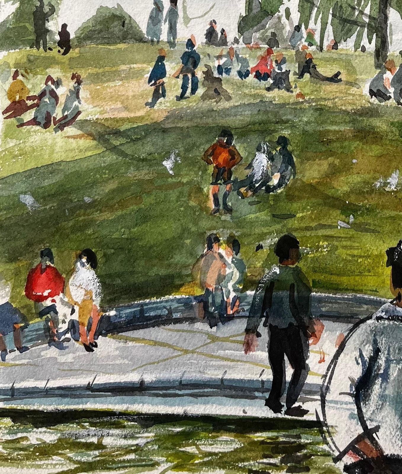 John Steane (B.1931)people Relaxing On The Green In Evesham With Church View British Watercolour photo Art