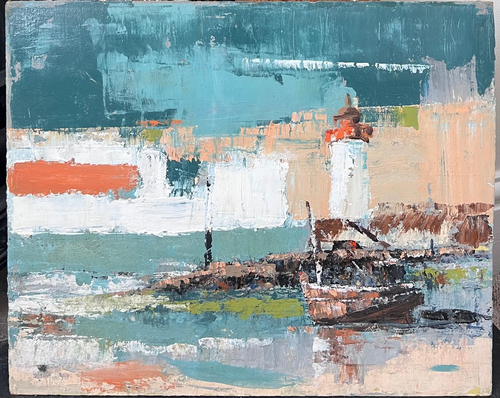 Fanch Lelthe Orange And White Lighthouse In Thick Blue And White Harbour Oil Painting photo furniture