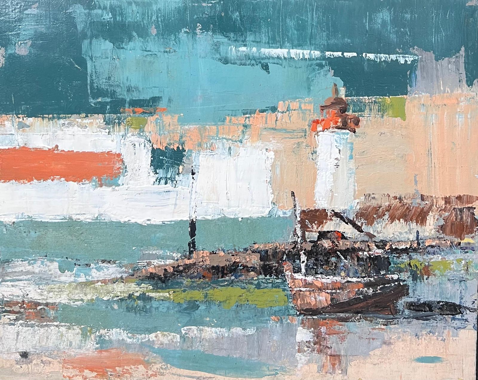 Fanch Lelthe Orange And White Lighthouse In Thick Blue And White Harbour Oil Painting photo Art