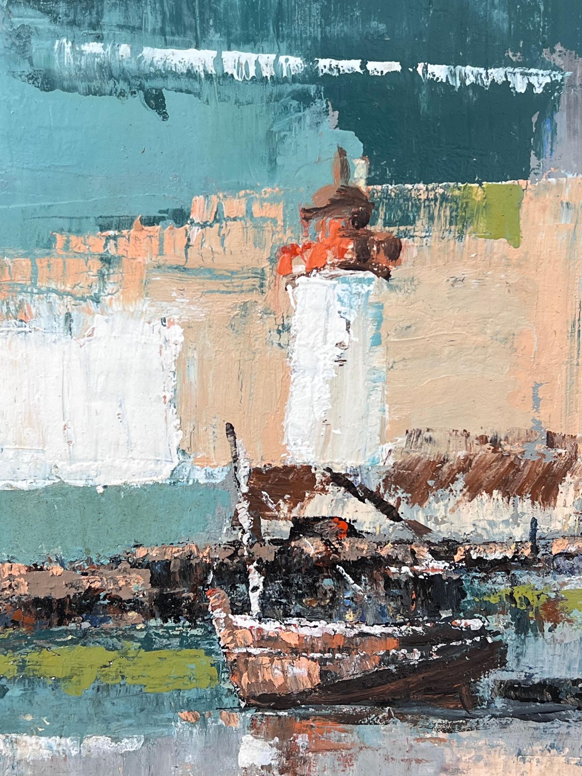 Fanch Lelthe Orange And White Lighthouse In Thick Blue And White Harbour Oil Painting photo 560.0
