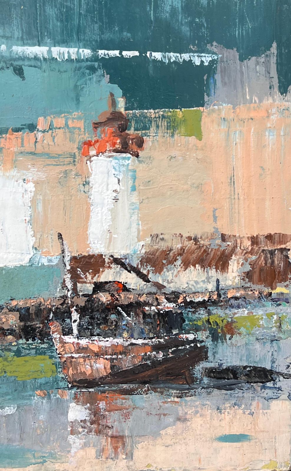 Fanch Lelthe Orange And White Lighthouse In Thick Blue And White Harbour Oil Painting photo vinterior