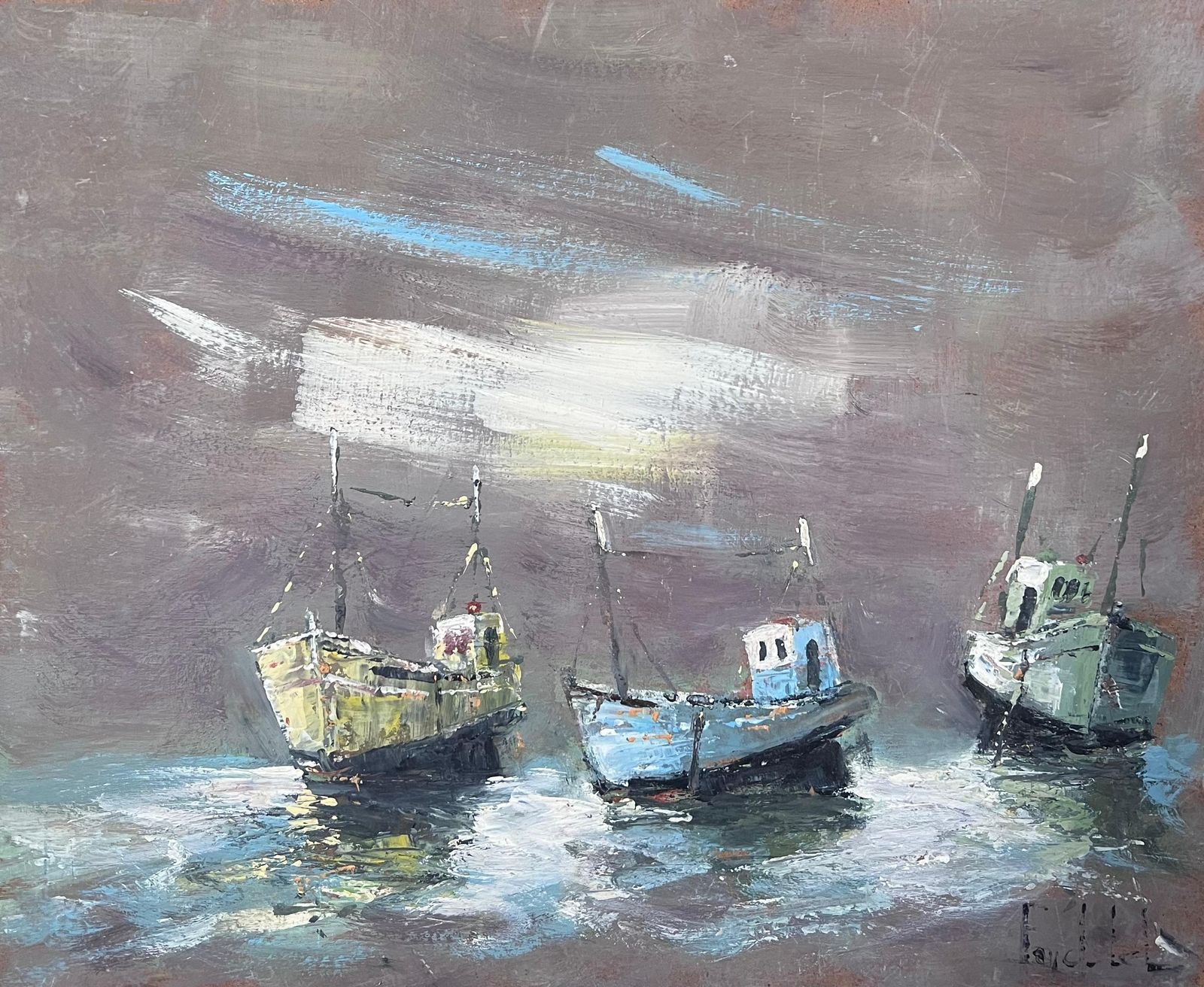 Fanch Lelthree Boats In The Grey Foggy Shores Landscape Oil Painting
