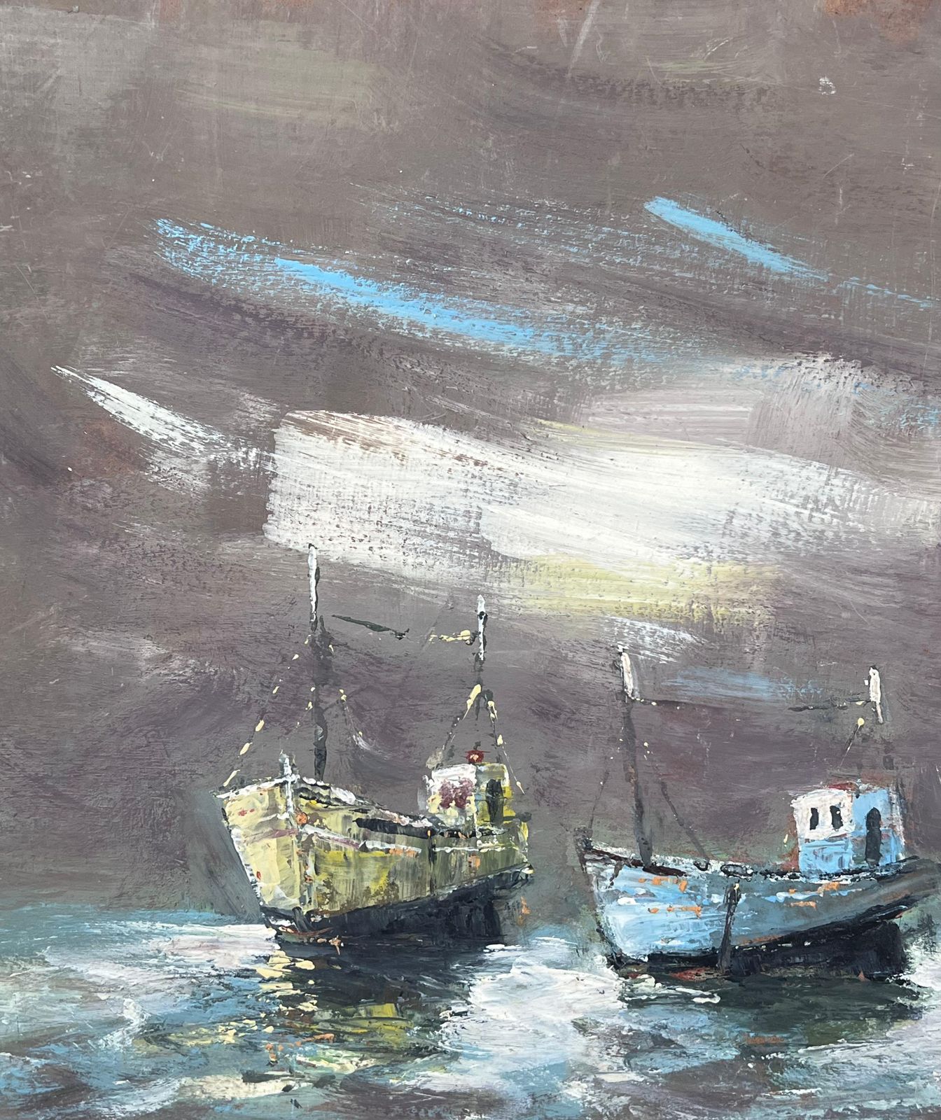 Fanch Lelthree Boats In The Grey Foggy Shores Landscape Oil Painting photo furniture