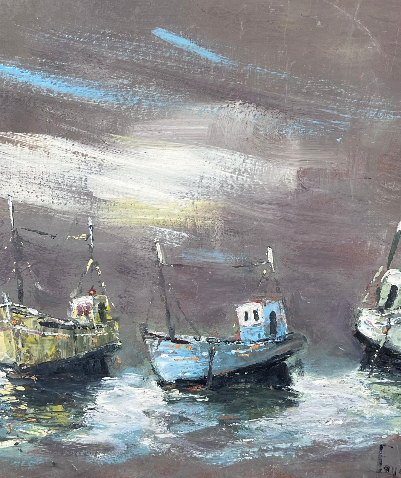 Fanch Lelthree Boats In The Grey Foggy Shores Landscape Oil Painting photo for sale