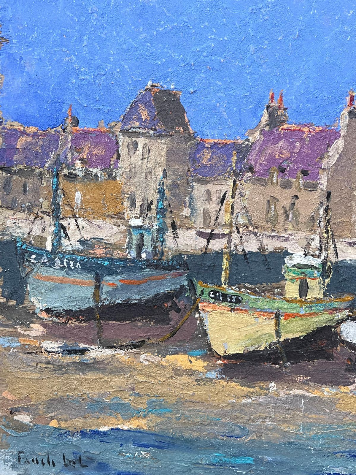 Fanch Lelfishing Boats In Neon Purple Sky Landscapes Oil Painting photo for sale