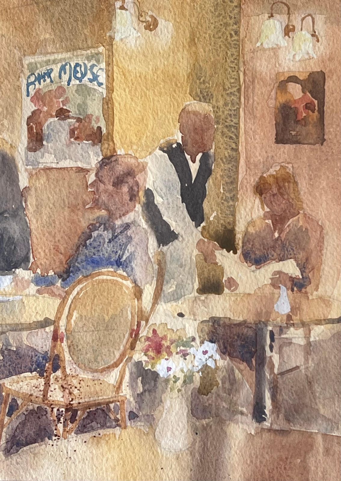 Anthony Herbertfigures Being Waited In A English Warm Lit Cafe Watercolour Painting photo vinterior