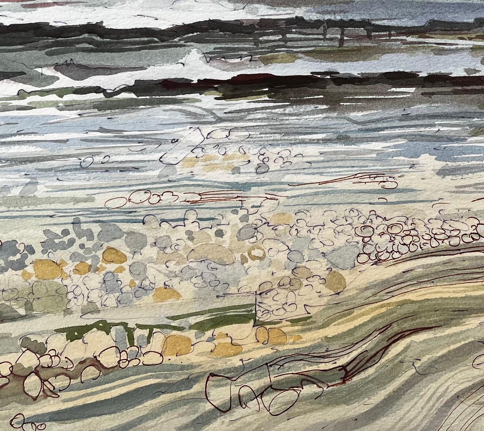 John Steane (B.1931)dorset Coastline Pebble Beach Seascape Watercolour With Headland View photo vintage