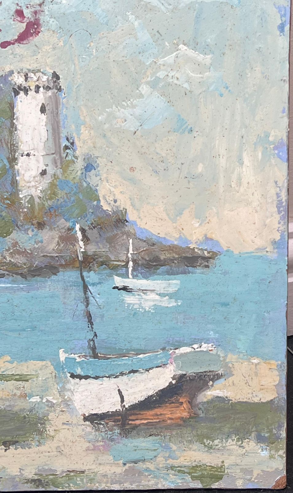 Fanch Lelpair Of Docked Fishing Boats In Empty Beach Bay French Landscape Oil Painting photo 620.0
